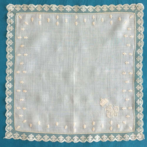 Antique Embroidered Handkerchief with Fleur de Lys and Bulgarian Crown