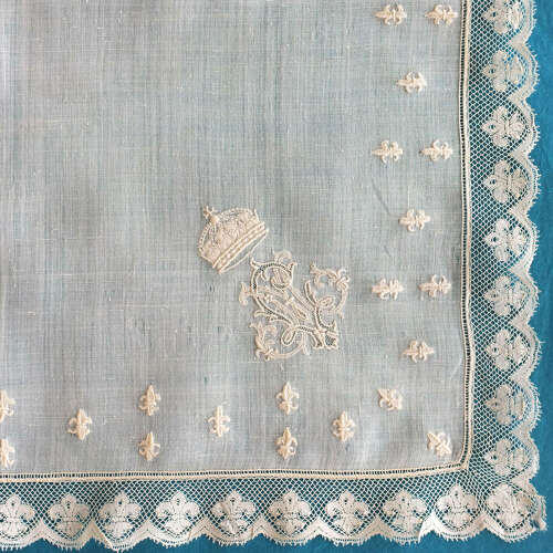Antique Embroidered Handkerchief with Fleur de Lys and Bulgarian Crown