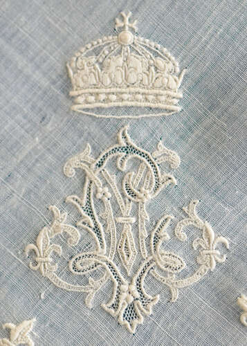 Antique Embroidered Handkerchief with Fleur de Lys and Bulgarian Crown