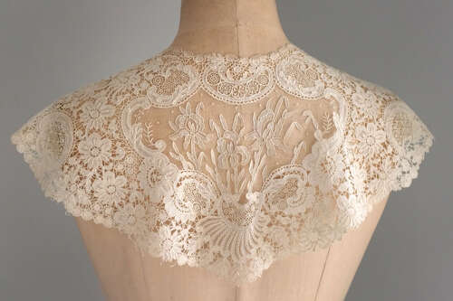 Antique Brussels Duchesse and Point de Gaze Lace Collar with Iris Flowers