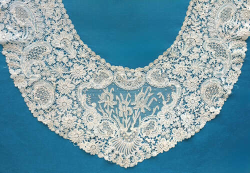 Antique Brussels Duchesse and Point de Gaze Lace Collar with Iris Flowers