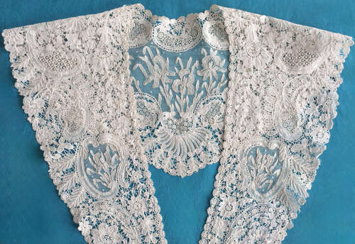Antique Brussels Duchesse and Point de Gaze Lace Collar with Iris Flowers
